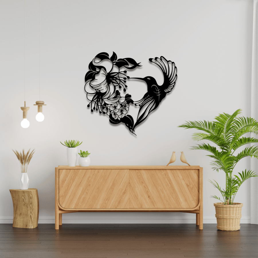 cuadro de colibrí tomando néctar de una flor